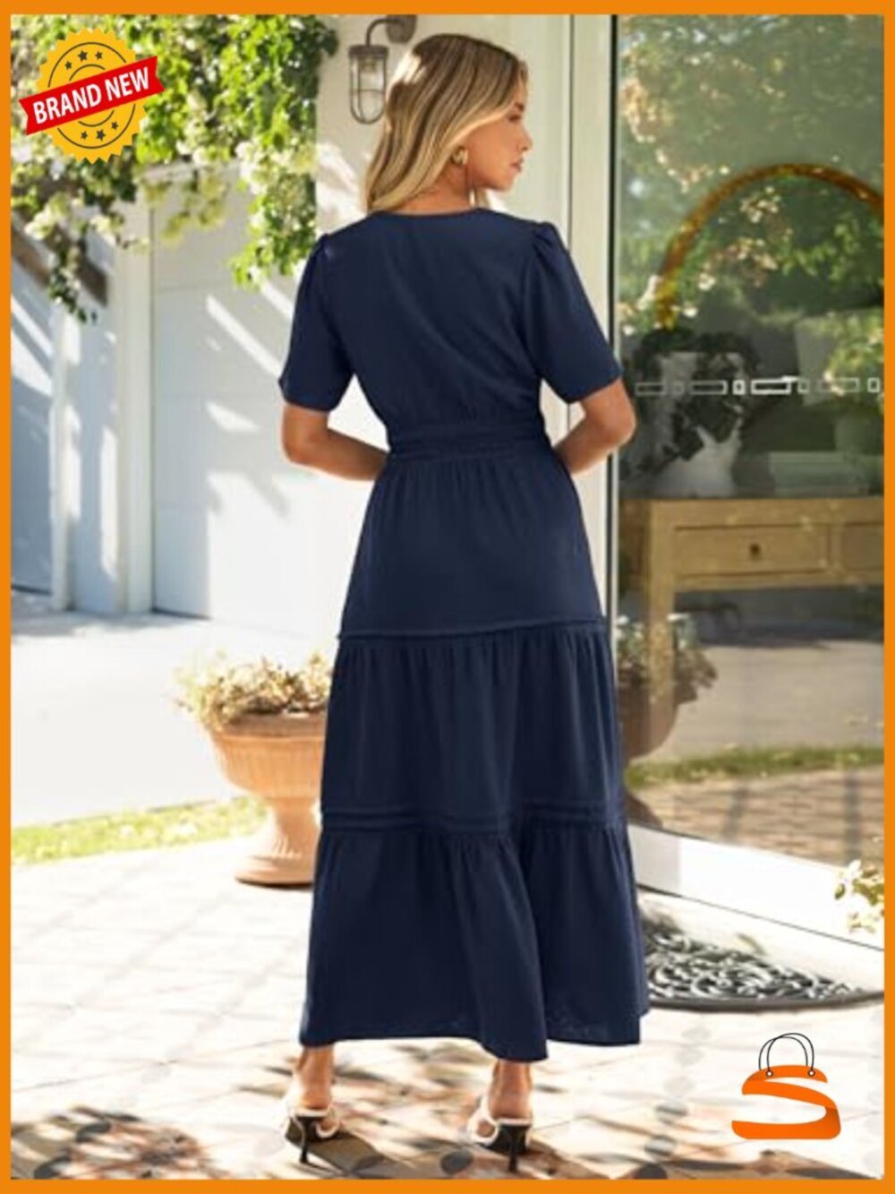 Summer Maxi Dress V-Neck Short Sleeve Elastic Waist Flowy Beach Long Dresses - Picture 6 of 7
